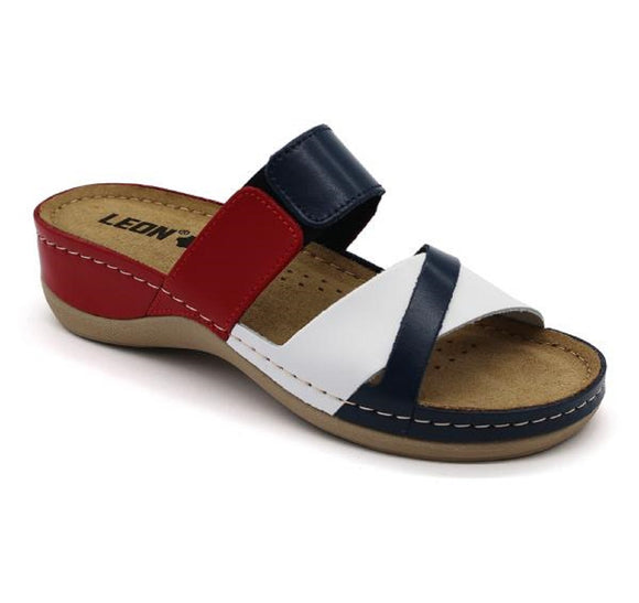 LEON 909 Leather Sandal Clogs for Women - Tommy (Blue-Red-White)