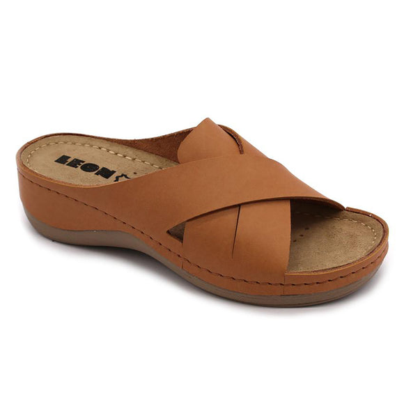 LEON 932 Leather Sandal Clogs for Women - Brown