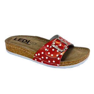 LEDI Anatomic 94-DOT Leather Slip-on Womens Comfort Sandals Clogs, Red with White Dots