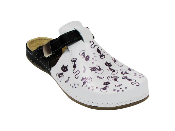 Dr Punto Rosso BRIL Y77 Leather Clogs for Women - White-Black-Cat