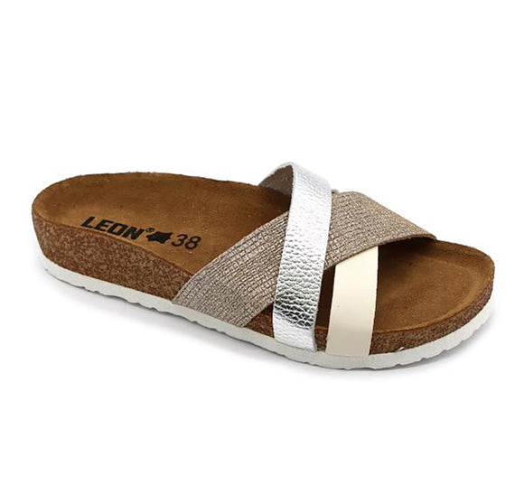 LEON 4201 Leather Sandal Clogs for Women - Silver